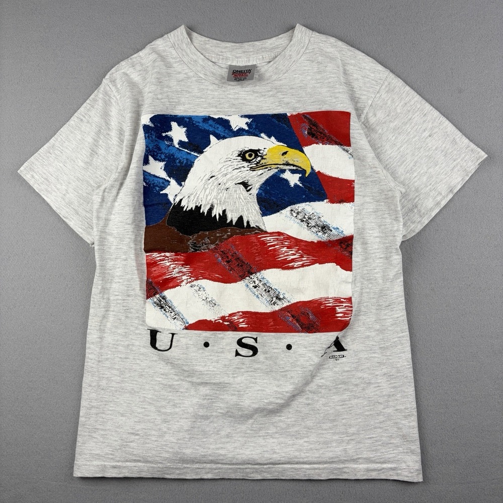 Vintage 90s USA Eagle American Flag T-Shirt Oneita Power-T Men's Medium